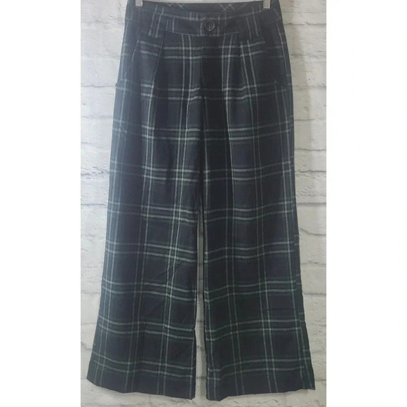 Free People Tartan Plaid Pants Women's 0 Green Navy Blue Pleated Wide Leg Boho - Picture 1 of 7